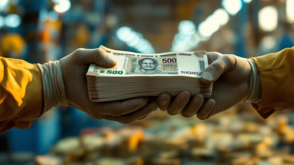 Indian factory owner receiving cash payout from Bharat AI Factory partnership