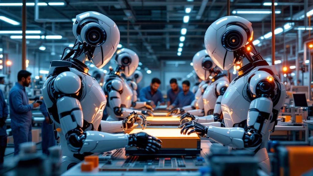Indian smart factory with AI robots and humanoids working alongside workers